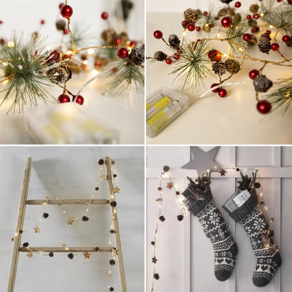 Jul Xmas 2M 20LED Konglekrans Batteridrevet Lyslenge Dekor Red Bead and Pine Cone