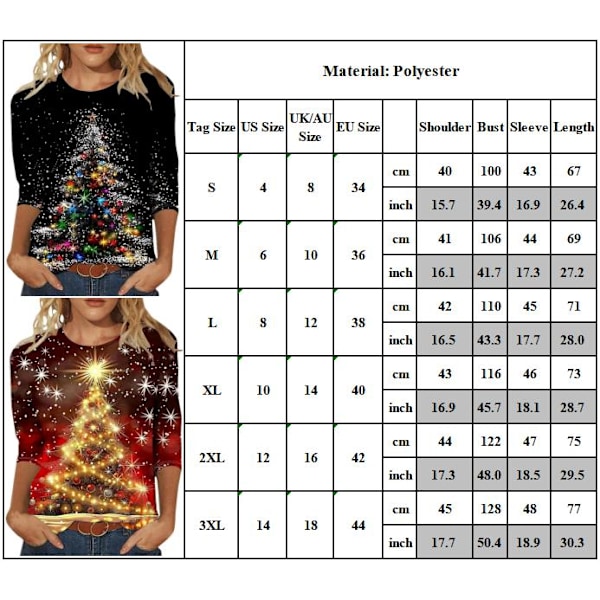 Julkläder för kvinnor, Glittrande Julgran, 3/4 Ärmar, Rundhalsad Topp, Lös Blus, Elegant & Casual, Plus Storlek, Grafisk T-shirt, Höstkläder 2024 #2 2XL