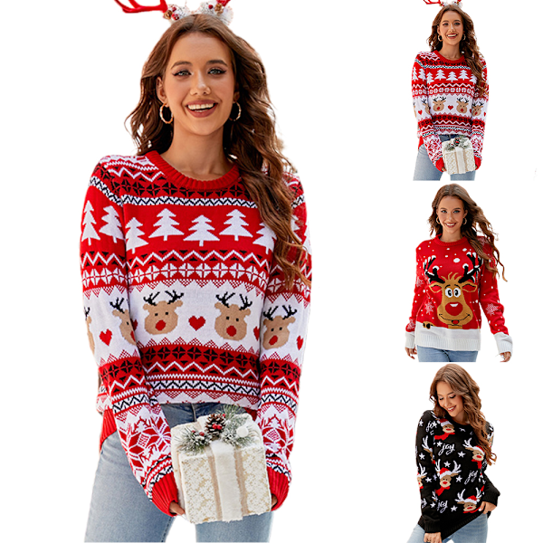 Dame Julegenser Pullover Langermet Strikket Sweat Xmas Stygg Pullover Topper C M