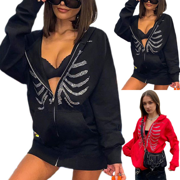 Oversized Rhinestone Skeleton Hoodie Zip Sweatshirt Halloween Black S