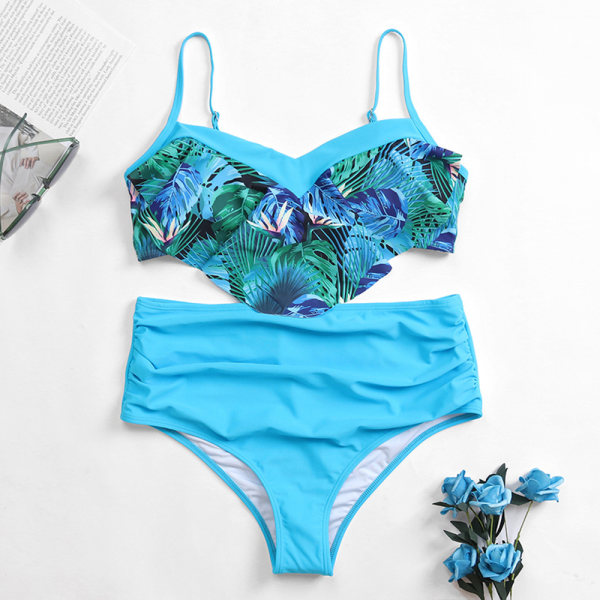 Dam Tropical Leaves Hög midja Ruched Bikini & Trosor Badkläder Blue M