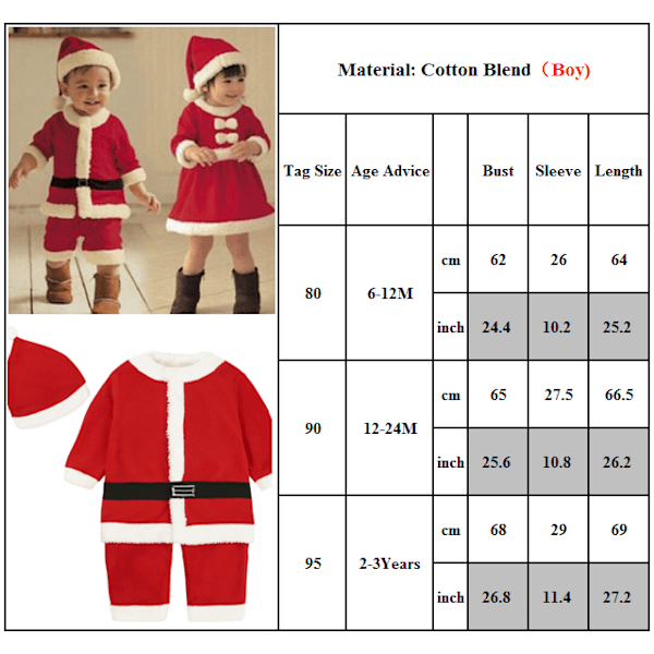 Barn Pojkar Flickor Juldräkter Sparkdräkt Jumpsuit Klänning Hatt Set Outfit Boy 80cm