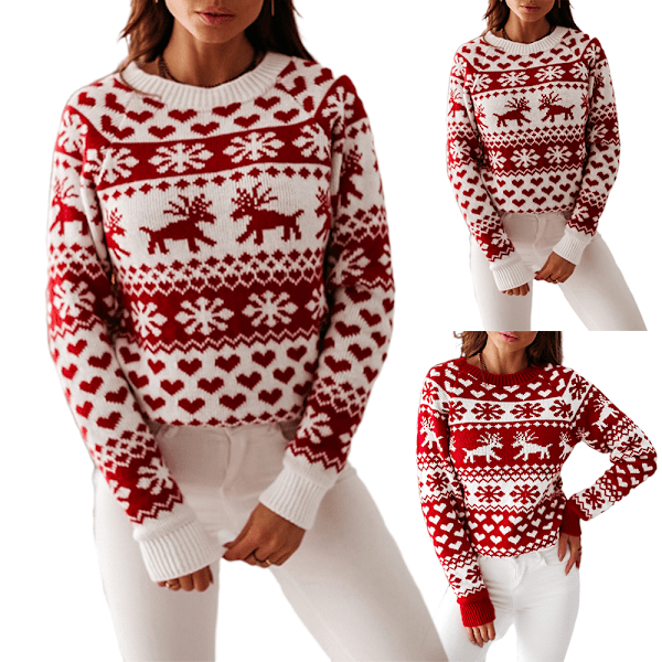 Dame Sweater Juleprint Komfortabel Rund Hals Langærmet Løs Grim Julesweater til Kvinder - Gaver til Kvinder Red M