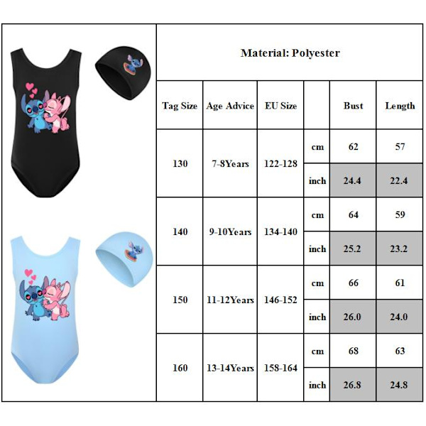 2024 Barn Lilo Stitch Badkläder Baddräkt Set Strand Simning Surfdräkt+Badmössa Set Black 130cm