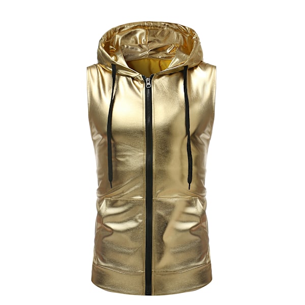 Herrar Retro 70-tal Disco Glittrande Sekvenser Zip Up Ärmlös Huvad Väst T-shirt Slim Fit Pullover Casual Fest Prom Kostymer Gold M