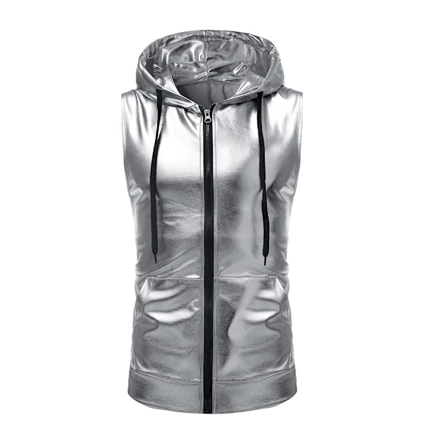 Miesten Retro 70-luvun Disco Kiiltävä Paljetti Vetoketjullinen Hihaton Hupullinen Liivi T-paita Slim Fit Pusero Rento Juhla Prom Asut Silver M