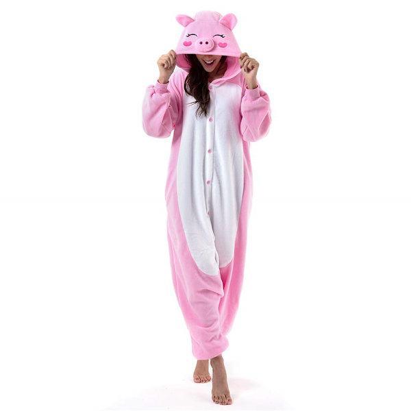 Unisex Julpyjamas för Vuxna, Onesie med Blixtlås och Huva, Plüsch Jumpsuit för Vuxna, En-Delad Sovkläder med Lång Ärm B L