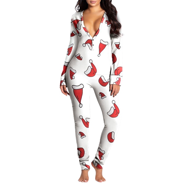 Damebukser Dame Langermet Juleprintet Jumpsuit Pyjamas Santa's Hat L