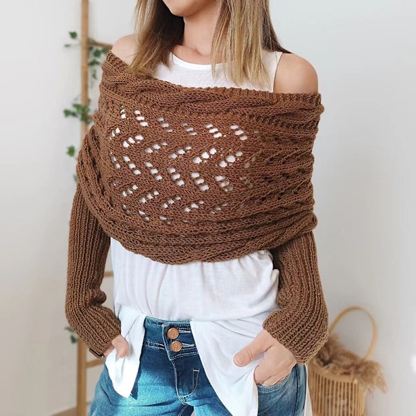 Stickad Kabelomslag, Bolero för Kvinnor, Stickad Wrap-Sjal, Enfärgad Tröja-Sjal med Ärmar Dark brown
