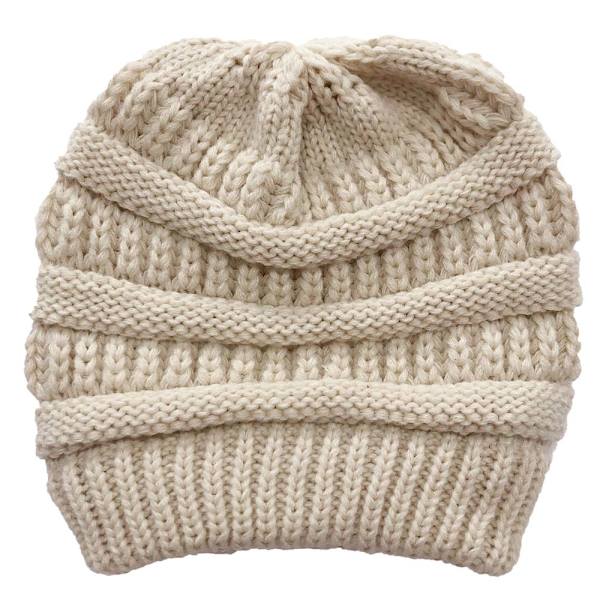 Dame Rotete Strikket Hestehale Lue Ensfargede Ullcaps Beige