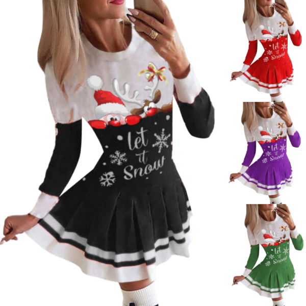 Julklänning print färgblock plisserad kjol för kvinnor black 4xl