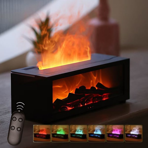 Mini Peis Diffuser Luftfukter, Simulert Peisflamme Luftfukter med Fire Light Effekt, 150ml Cool Mist Luftfukter med 7 Farger som Endres Black