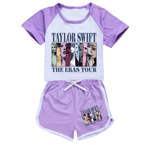 Barn Tonåringar Taylor Swift printed T-shirt / träningsoverall Set Swiftie Tops Tee Outfits Purple 150cm