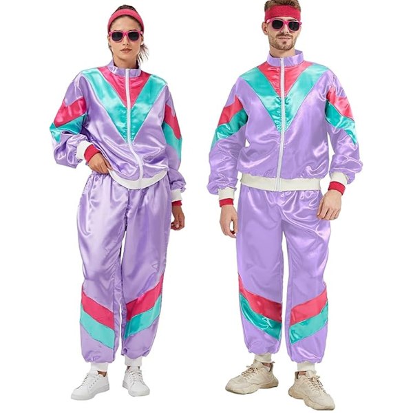 Dam 80-tals Spårjacka Retro Hip Hop Vindjacka Kvinnor Disco Spårjacka Set Färgblock En Delig Outfit Set Purple L