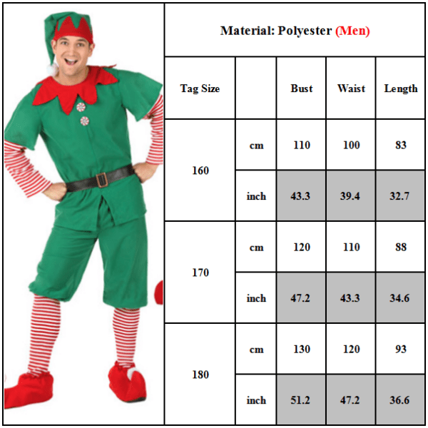 Vuxen Kid Cosplay Elfdräkt Jul Fancy Dress Tomtehjälpare Festkläder Men 180cm