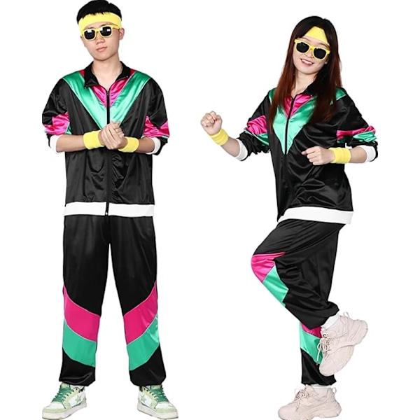 Herre- og dame 80'er træningsdragt retro hip hop vindjakke dame disco træningsdragt sæt colorblock ét stykke outfits vindjakke elastisk taljebånd Black Blue S