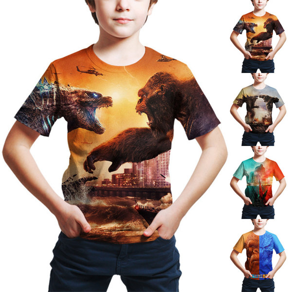 3D Godzilla VS Kong Barn Pojkar Casual kortärmad T-shirt sommartröjor med rund hals B 140cm