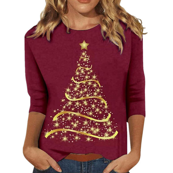 Juleskjorter til Kvinder Glitter Juletræ 3/4 Ærme Rund Hals Top Løse Bluser Pænt Afslappet Plus Størrelse Grafik T-shirts Efterårstøj 2024 #4 M