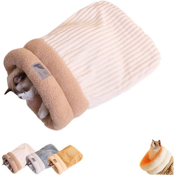 Vintervarm Sovsäck för Katter Mjuk Plysch Katthideout Snuggle Sack Katthåla Säng för Innekatter Beige L