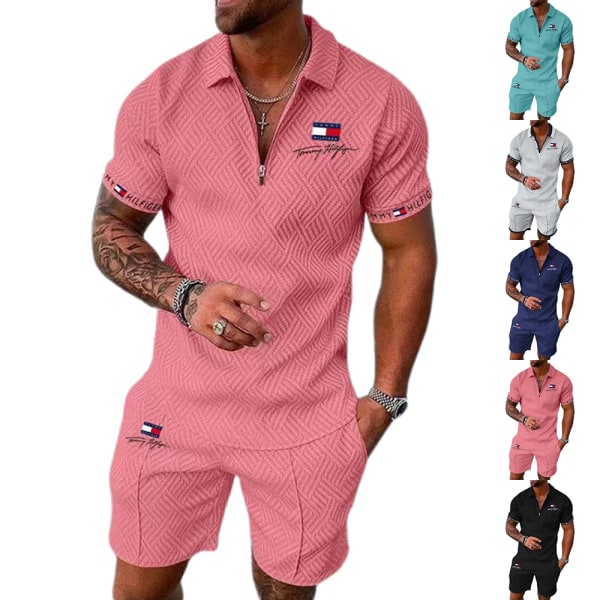 Herr Polo Träningsoverall Set Kortärmad T-shirt Shorts Sommar Casual Sportkläder Pink XL