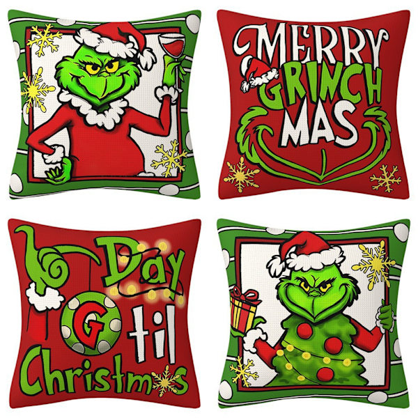 Grinch Juledekorasjon, Juleputetrekk Festivaldekorasjoner Putetrekk Sofa Linputetrekk Hjemmeinnredning Gaver 4 stk (45 x 45 cm) 4PCS
