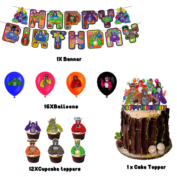 Gorilla Tag Themed Ballonger Cake Toppers Födelsedagsfest dekoration
