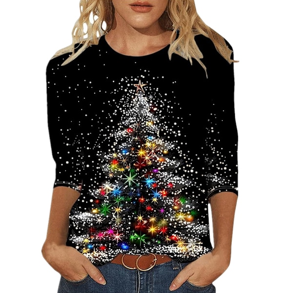 Julkläder för kvinnor, Glittrande Julgran, 3/4 Ärmar, Rundhalsad Topp, Lös Blus, Elegant & Casual, Plus Storlek, Grafisk T-shirt, Höstkläder 2024 #1 2XL