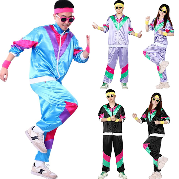 Herre- og dame 80'er træningsdragt retro hip hop vindjakke dame disco træningsdragt sæt colorblock ét stykke outfits vindjakke elastisk taljebånd Blue S