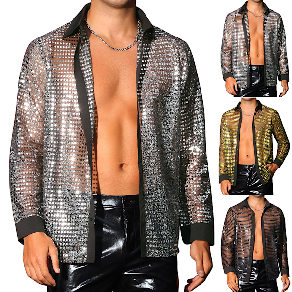 Miesten paljetit nappipaita yksivärinen pitkähihainen satiininen vintage-paita kiiltävät paidat 70-luvun 90-luvun disco-juhliin hip hop -pusero Gold XL