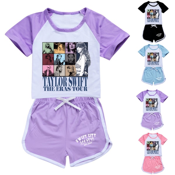 Barn Flickor Singer Taylor Print T-shirt Casual Shorts Set Sommar Toppar Bottom Set Purple 150cm