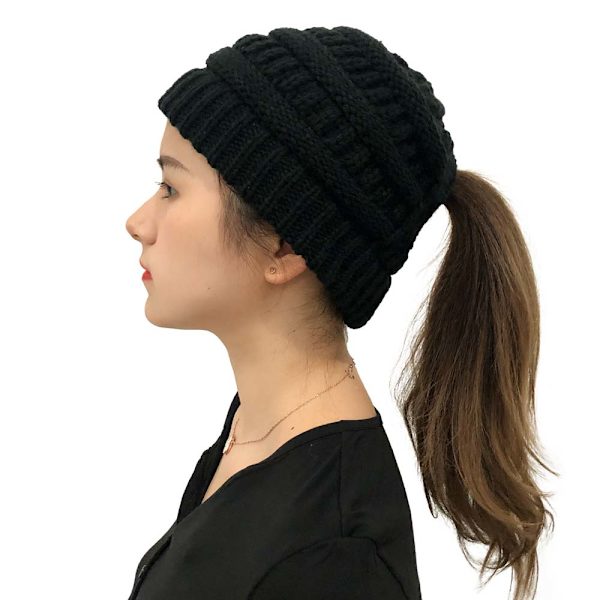 Dame Rotete Strikket Hestehale Lue Ensfargede Ullcaps black