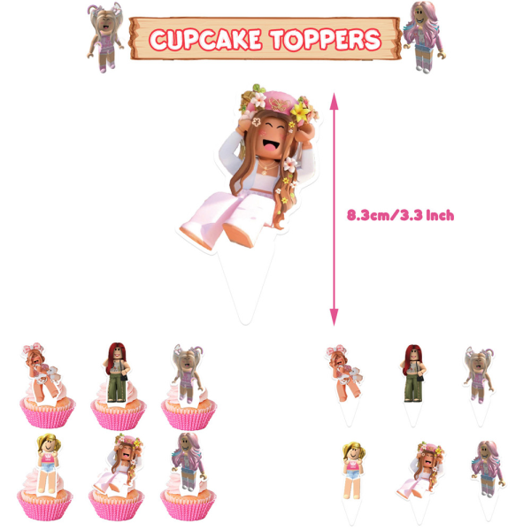 Rosa Roblox Flickor Födelsedagsfest Dekor Ballong Banner Cake/Cupcake Toppers Set Supplies