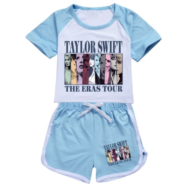 Barn Tonåringar Taylor Swift printed T-shirt / träningsoverall Set Swiftie Tops Tee Outfits Light blue 150cm