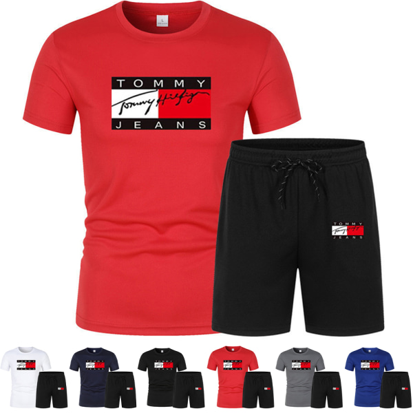 TomyHilfiger TomyJeans T-shirt med korta ärmar och shorts, sportkläder, träningsset för män Red XL