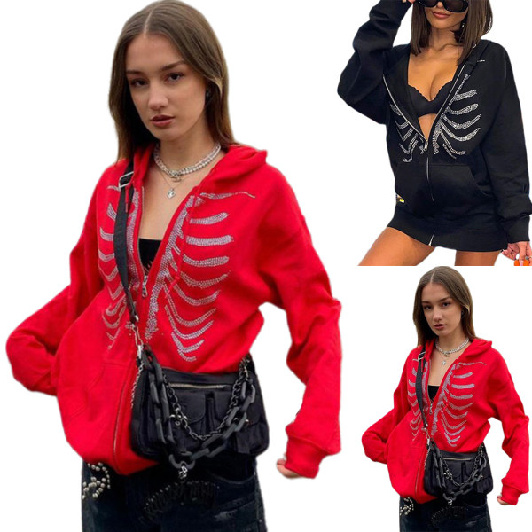 Oversized Rhinestone Skeleton Hoodie Zip Sweatshirt Halloween Red M