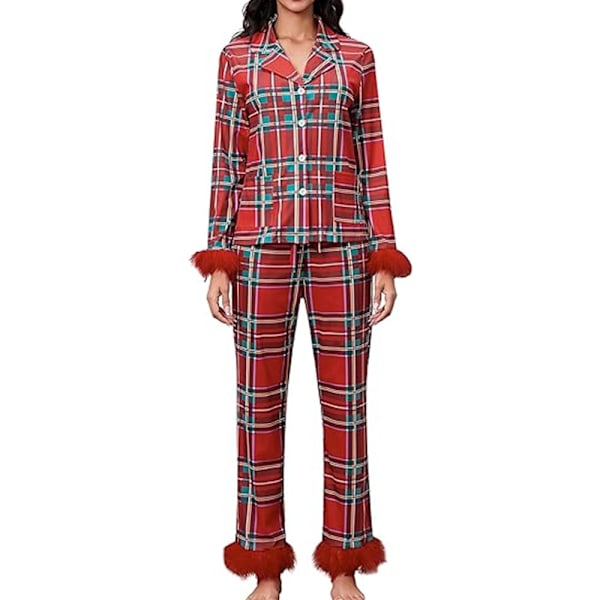 Dam Julpyjamas Set Satin Jultomte Tryck Knappar Fjäderkant Långärmad Nattkläder Pjs 2-delad Loungewear A 2XL