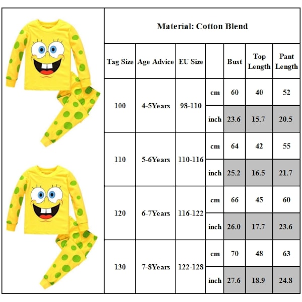 4-8 år Barn Söt Spongebob Långärmad Toppar Byxor Pyjamas Pjs Set Sovkläder Nattkläder Present 120cm