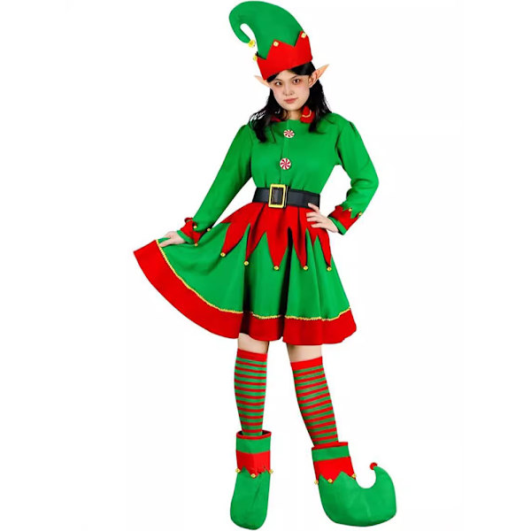Jultomtekostym för kvinnor i sammetklänning, Santas hjälpare-kostym, juloutfit, tomteluva, skor, öron, bälte, strumpor M