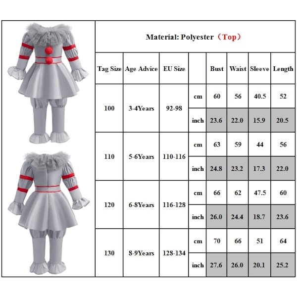 Stephen Kings IT Pennywise Clown Kostym Barn Maskeraddräkt Halloween Cosplay Set 120cm