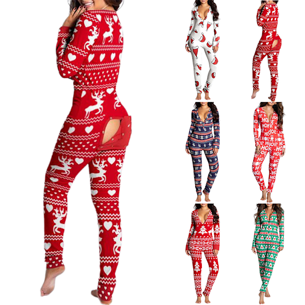 Dambyxor Kvinnor Långärmad Dam Jultryckt Jumpsuit Pyjamas Royal Blue L