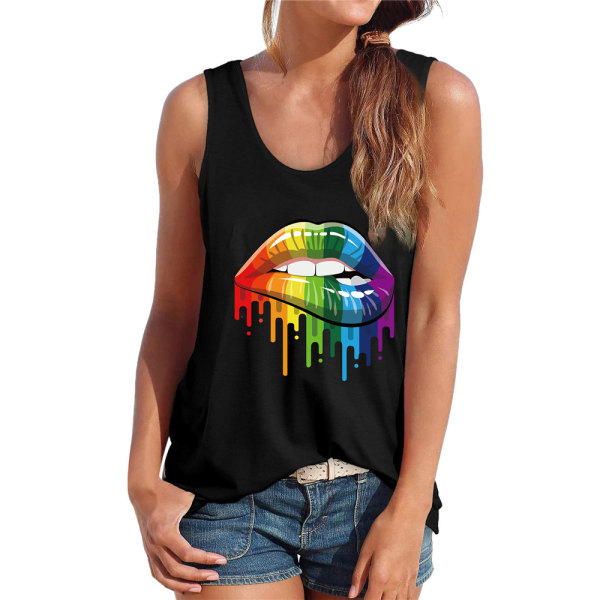 Pride Day Dam Rainbow Lip Rund Neck Ärmlösa T-shirts Väst Linne Black L