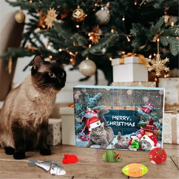 Julekalender Nedtælling 24 stk. Kattelegetøj Fjerdrillepind og Boldklokker Blind Box