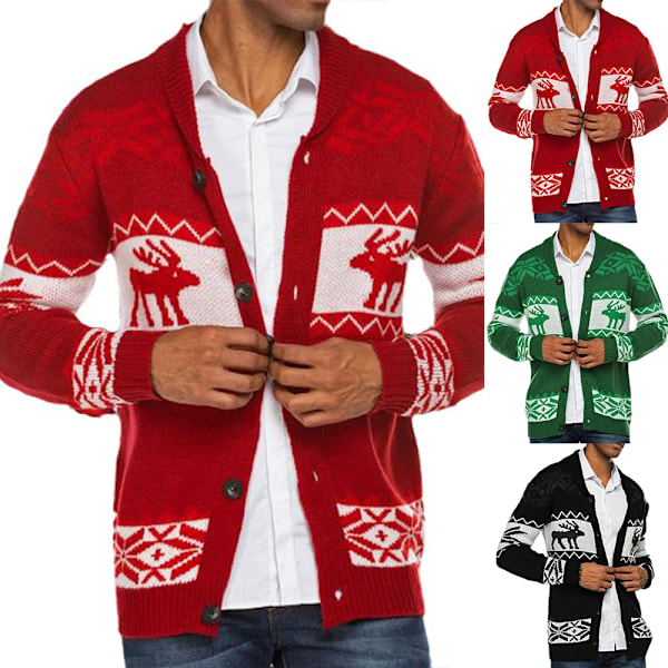 Herre Cardigan Stygge Julegensere Reinsdyr Snøfnugg Strikket Genser Juletopper Black M