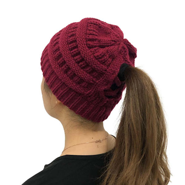 Dame Rotete Strikket Hestehale Lue Ensfargede Ullcaps Maroon