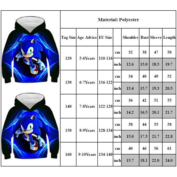 Børne Pindsvin Sonic Hættetrøje Sweater Jakke Frakke Vinter 150cm