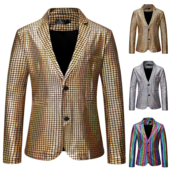 Herre V-hals En Knap Blazer Jakkesæt Fest Bryllup Glitter Paillet Skinnende Frakke Jakke Silver M