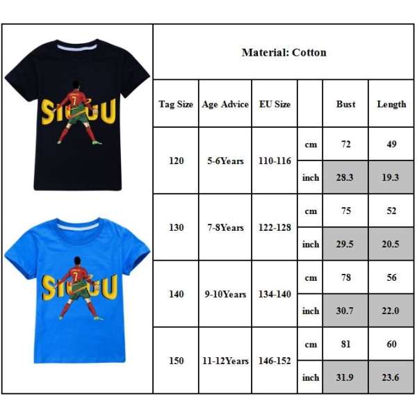 CR7 Ronaldo T-shirt för barn, kortärmad, Ronaldo fotbollspresent, tryckt fotbolls-t-shirt för barn Black 140cm