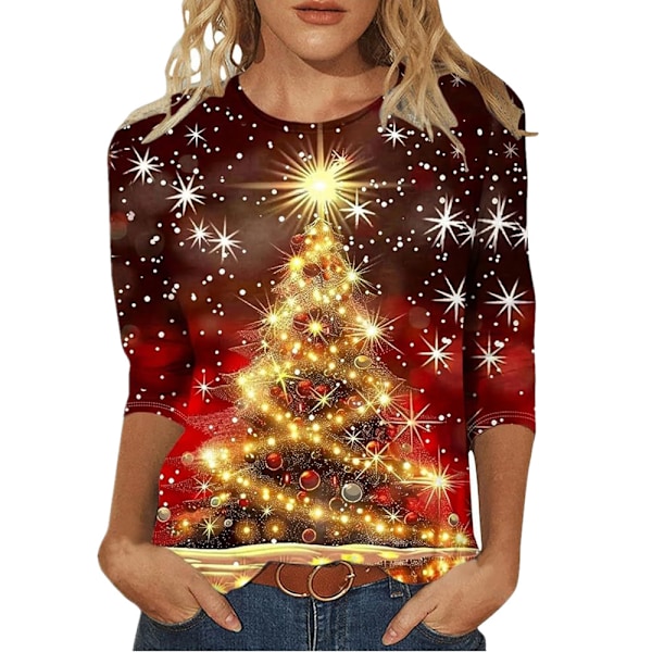 Julkläder för kvinnor, Glittrande Julgran, 3/4 Ärmar, Rundhalsad Topp, Lös Blus, Elegant & Casual, Plus Storlek, Grafisk T-shirt, Höstkläder 2024 #2 M