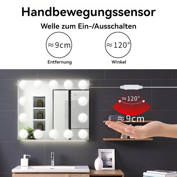 Spejllys, 14 Hollywood LED Spejllys med Sensor Switch, 3 Farver, Dæmpbart Kosmetikspejl, Fleksibel DIY LED Strip, Med USB Kabel