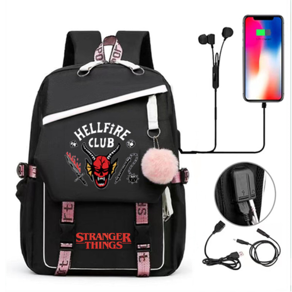 Stranger Things Hellfire Club Skolväska USB Laddningsryggsäck D